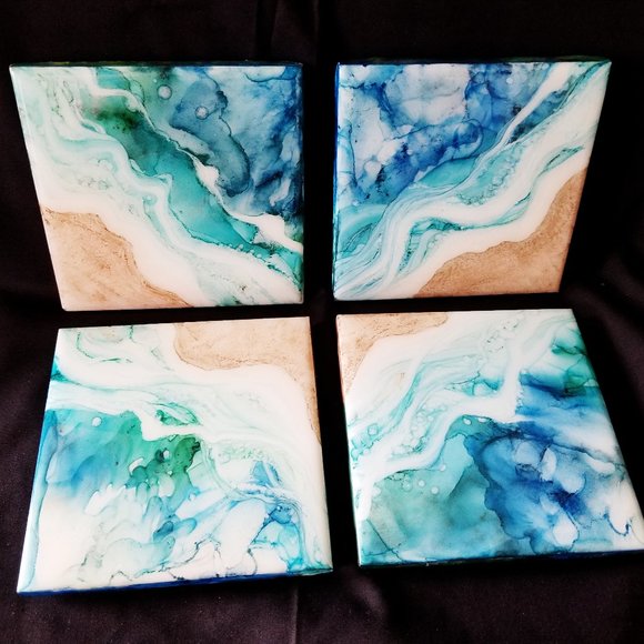 Drink Coasters | Sand and Sea | Set of 4 Beach Theme | Original Alcohol Ink Art - Picture 3 of 3